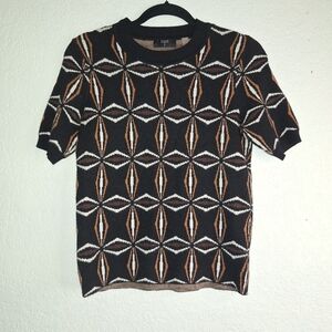 Tahari Geometric Patterned Black Short Sleeve Sweater Size Large